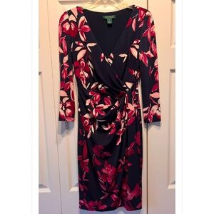 Lauren Ralph Lauren floral print knit faux wrap dress Size 0 long sleeve midi